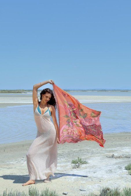 Carré Foulard Brokante Éveil Corail 130x130cm 50% Modal 50% Viscose