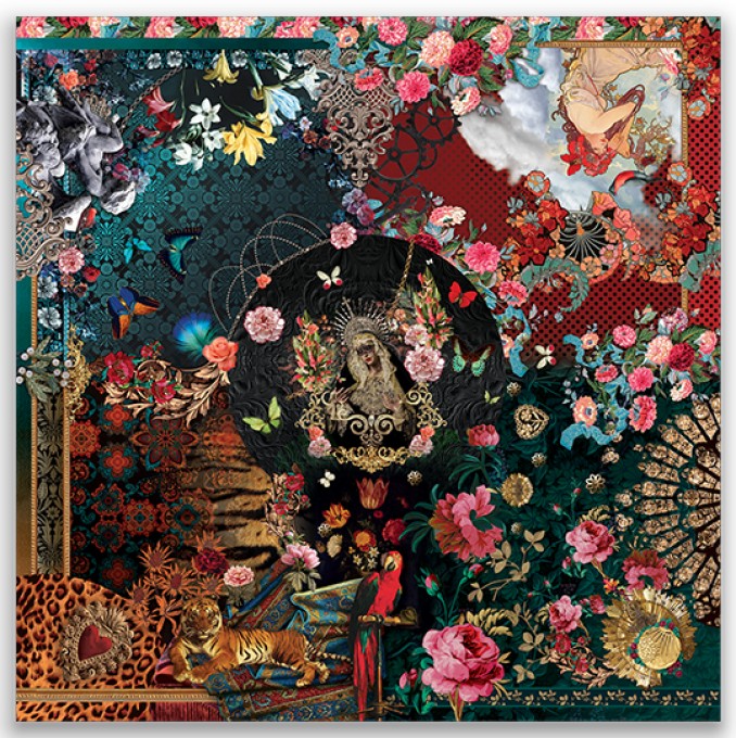 Grand Carré Brokante Passion Divine Cachemire 130x130 cm avec Franges