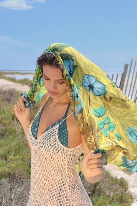 Grand Carré Foulard Modal Amulette Citron Brokante 130x130 cm Écologique